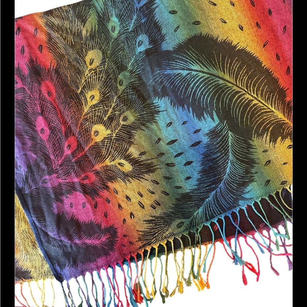 Peacock Feather Rainbow Pashmina Shawl Wrap Scarf Fringe Size OS - Picture 7 of 11